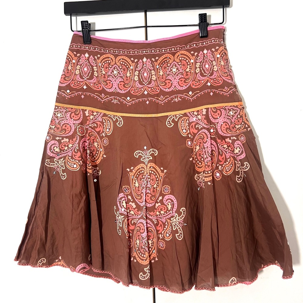 The Limited Y2K A Line Skirt Size 0 Brown Cotton Paisley Sequins Bohemian Fairy